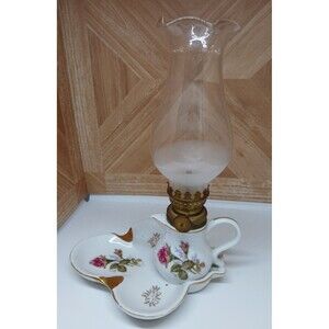 Mini Oil Lamp Finger Loop Porcelain Lantern Pink Rose Ashtray Vintage